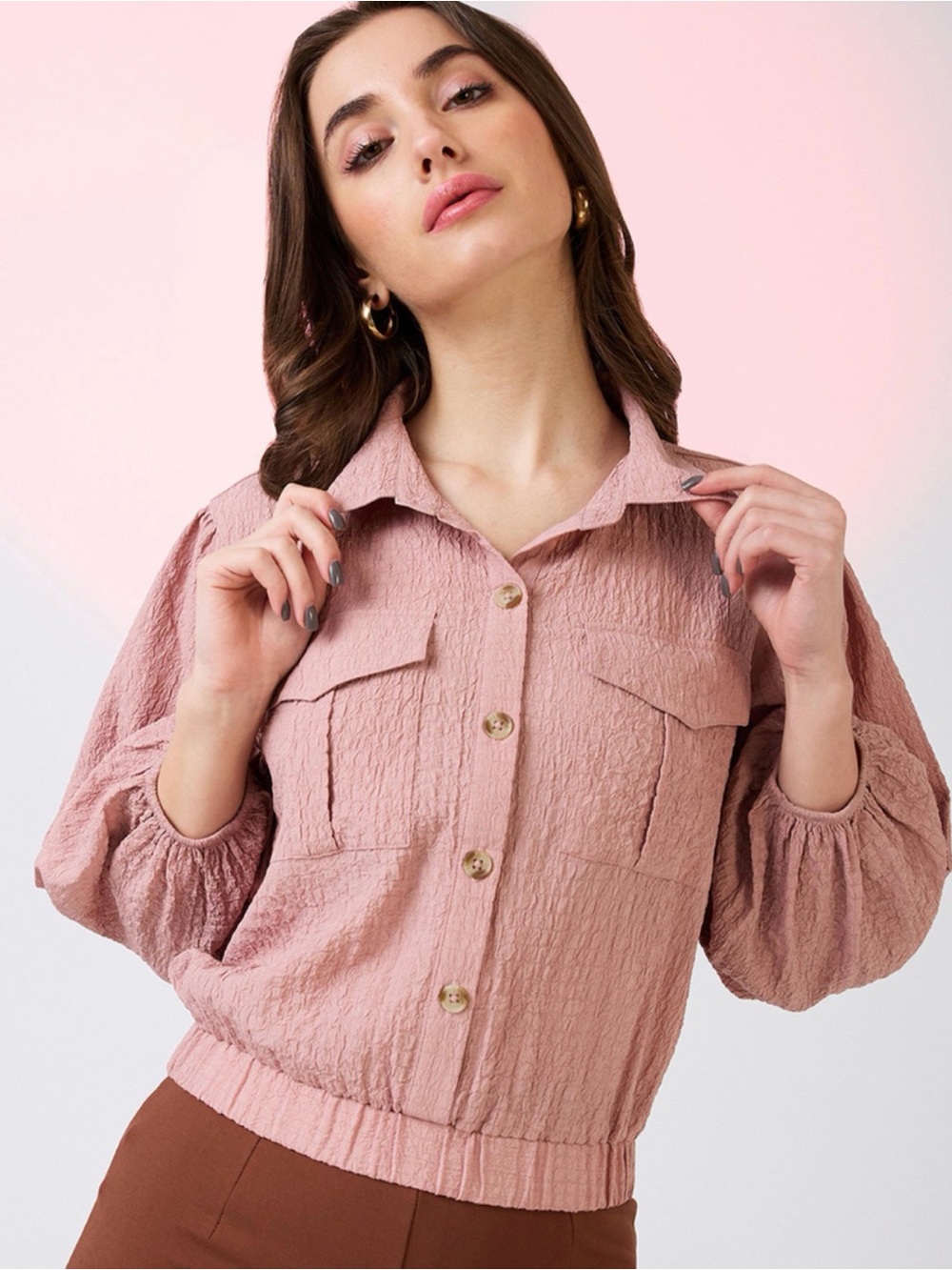 Textured Button-Front Pink Shirt Jacket with Patch Pockets